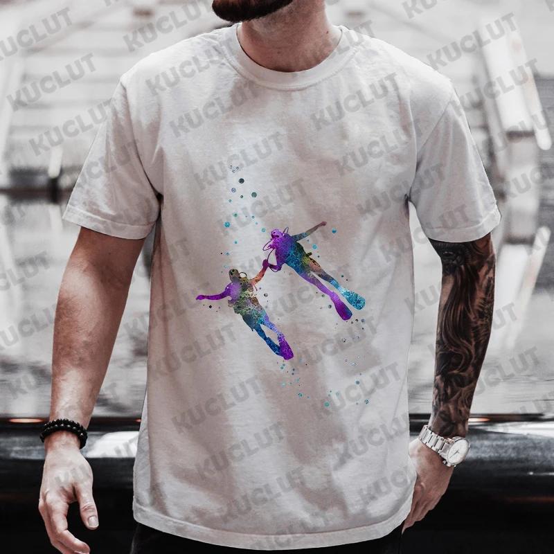 Summer Streetwear Scuba Diver Watercolor Diving Print Men's Brand T-shirts Scuba Diver Design Tops Breathable Men Women Tshirts