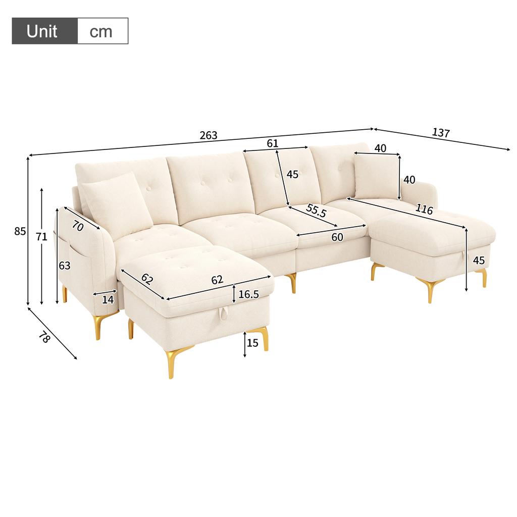 4-seater U-shaped modular sofa bed with 2 storage stools and 2 decorative cushions, total dimensions 263×137×85 cm, Beige