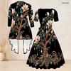 Women Plus Size Two Piece Set Printed Open Front Mid Sleeve Cardigan Square Neck Short Sleeve Tie Waist Flared Black Dress