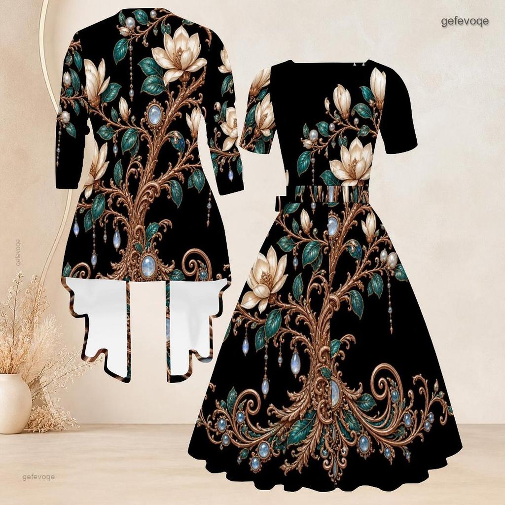 Women Plus Size Two Piece Set Printed Open Front Mid Sleeve Cardigan Square Neck Short Sleeve Tie Waist Flared Black Dress