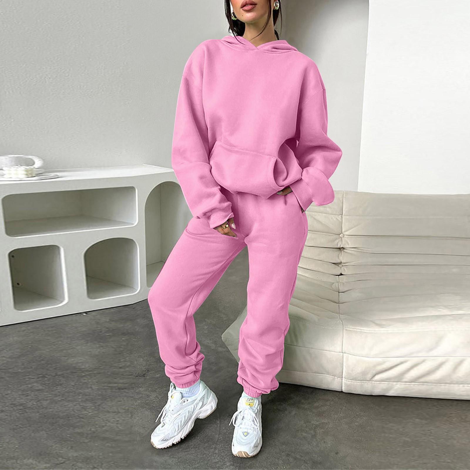 

Женский однотонный спортивный комплект с капюшоном и длинными рукавами, домашние брюки, комплект для бега XL розовый