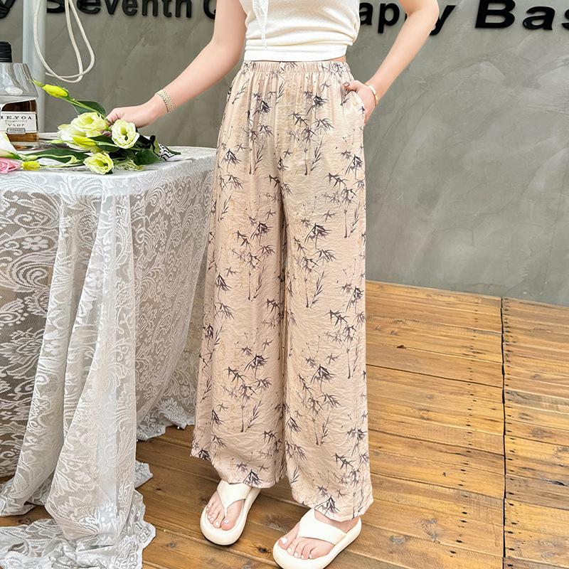 Pantaloni de pijama din bumbac mătase pentru femei, secțiune subțire de vară, anti-țânțari, pantaloni cu picior lat, culoare uni, pentru exterior, casă, petrecere a timpului liber, imprimeu, pantaloni de plajă până la genunchi