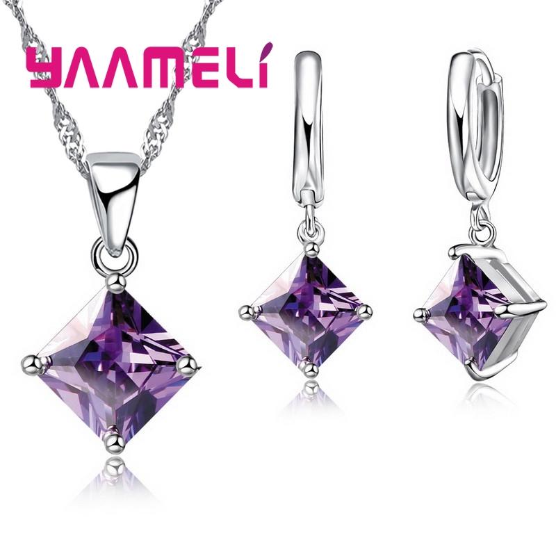 New Fashion Women Pendants Necklace Simple Geometry Square Earrings Crystal 925 Silver Color Jewelry Sets for Wedding