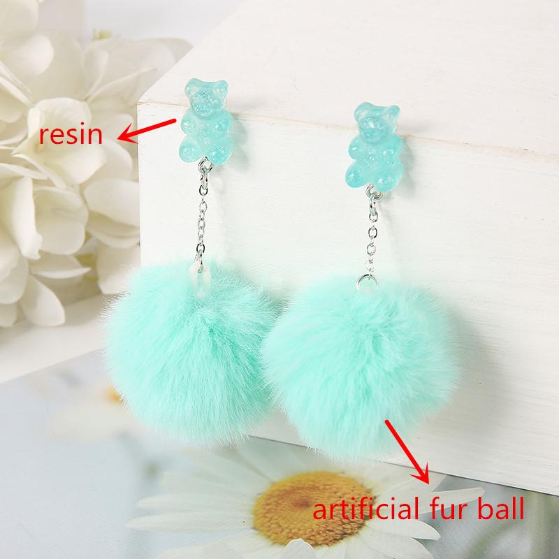1Pair Cute Pompom Stud Earring Multicolours Resin Candy Bear Charms  With Puffer Ball Fashion Woman Jewelry Birthday Gift