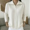 2026 Autumn/Winter Solid Color Zipper Lapel Knit Cardigan - Women's Loose Long Sleeve Sweater Coat