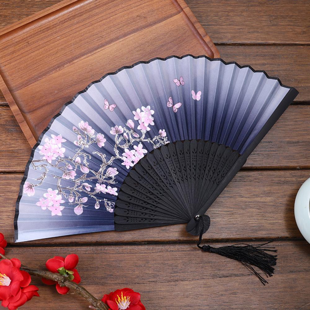 Chinese Japanese Folding Fan Wooden Shank Classical Dance Fan Tassel Elegent Female Fan Party Art Craft Gift Home Decoration