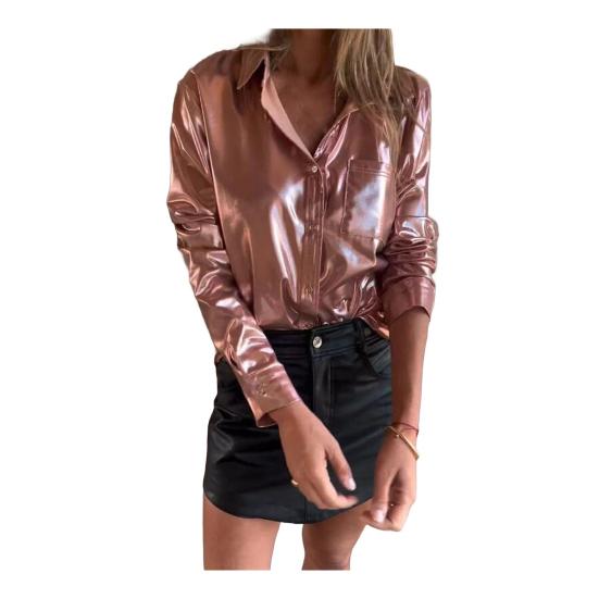 Camicia da donna con risvolto, manica lunga, vestibilità ampia, in pelle scamosciata, casual, con tasca applicata, monopetto