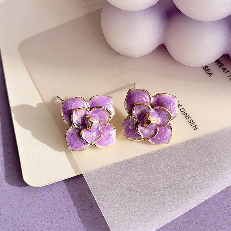 Purple Enamel Flower Stud Earrings for Women Rose Flower Korean Sweet Bohemian Florals Small Earrings 2025 New Year Zircon
