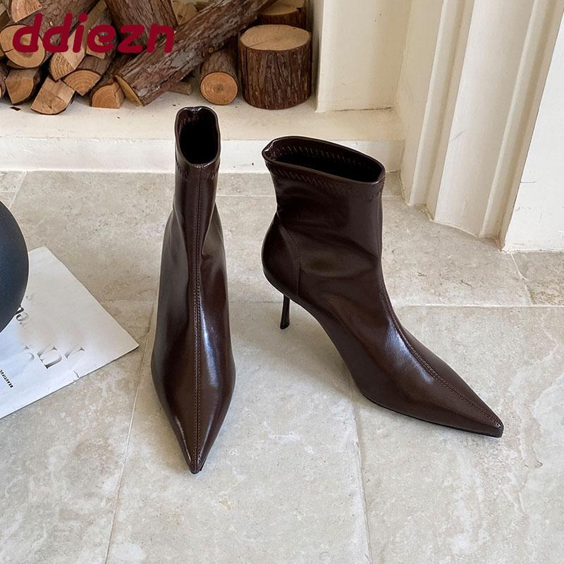 Fashion Fashion Elastic Women Ankle Stretch Boots With Heels Female Slip On Shoes Pointed Toe Ladies Short Modern Boots Pumps Lady