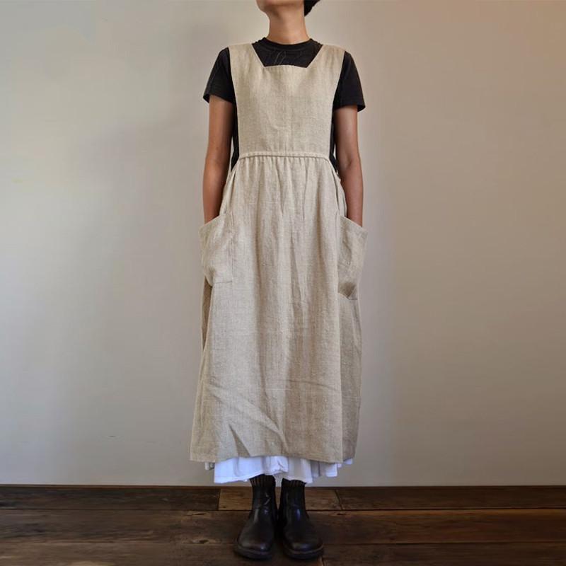 Women's Cotton Linen High Waist Long Apron Dress (2023)
