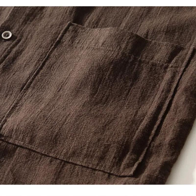 Chinese Style Long Sleeve Men Shirt Traditional Men Clothing Solid Color Stand Collar Cotton Linen Button Shirt Daily Casual Tops Big Pockets
