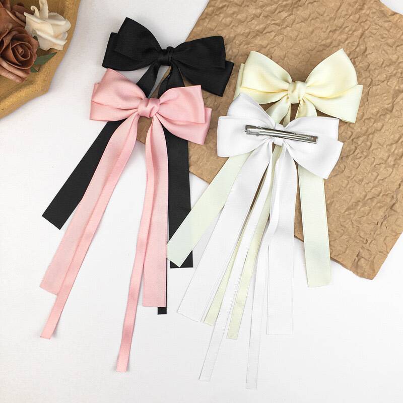 Vintage Solid Color Ribbon Double Bowknot Clip Pin For Women Girls Korean Big Bow Long Tassel Barrettes Hair Accessories