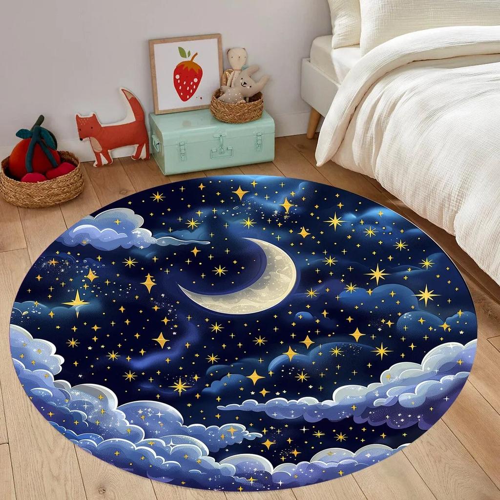 Crescent Stars Moon Rug Round Carpet Non-Slip Floor Mat for Living Room Bedroom Circle Rugs Machine Washable Round Carpet Decor