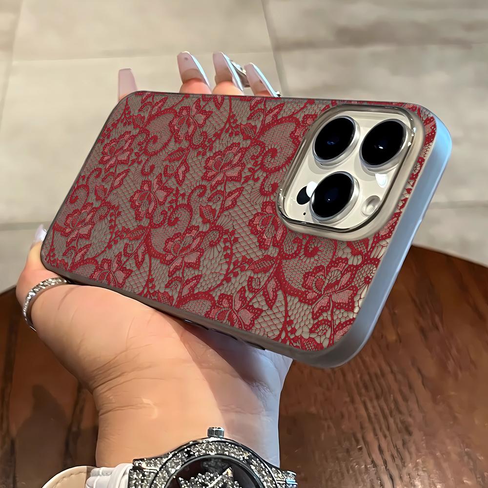 Red Lace Mesh Design Soft Phone Case For IPhone 17 16 15 14 13 12 11 Pro Max 7 8 XR XS Transparent Silicone Soft Cover Case