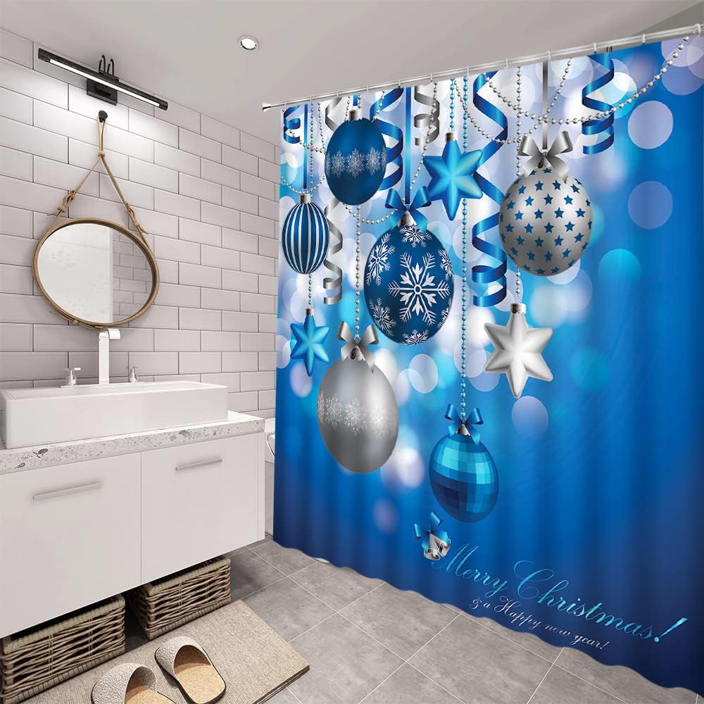 Christmas Shower Curtain With Blue And Silver Gray Xmas Balls Starswinter Holiday Happy New Year Dream Polyester Fabric Bathroom