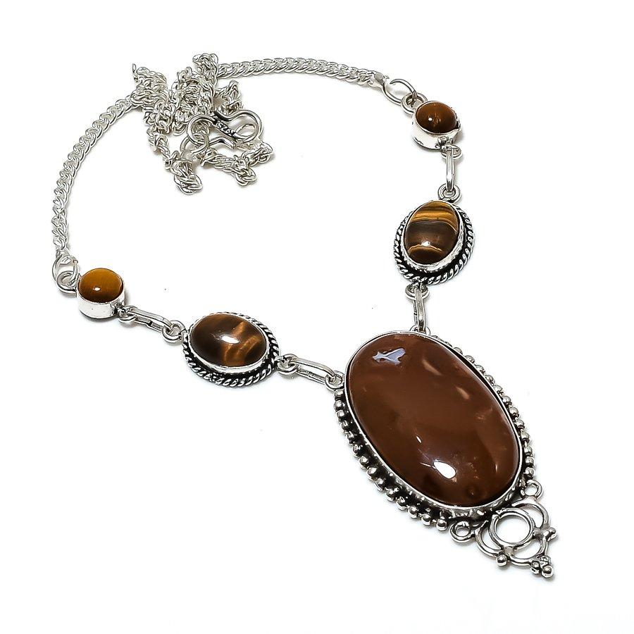 Natural Ocean Jasper, Tiger Eye 925 Sterling Silver Jewelry Necklace 18" ASN-6161