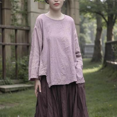Damen Vintage Unregelmäßige T-Shirts O-Ausschnitt Langarm Frühling Einfarbig Weiche Lockere T-Shirts