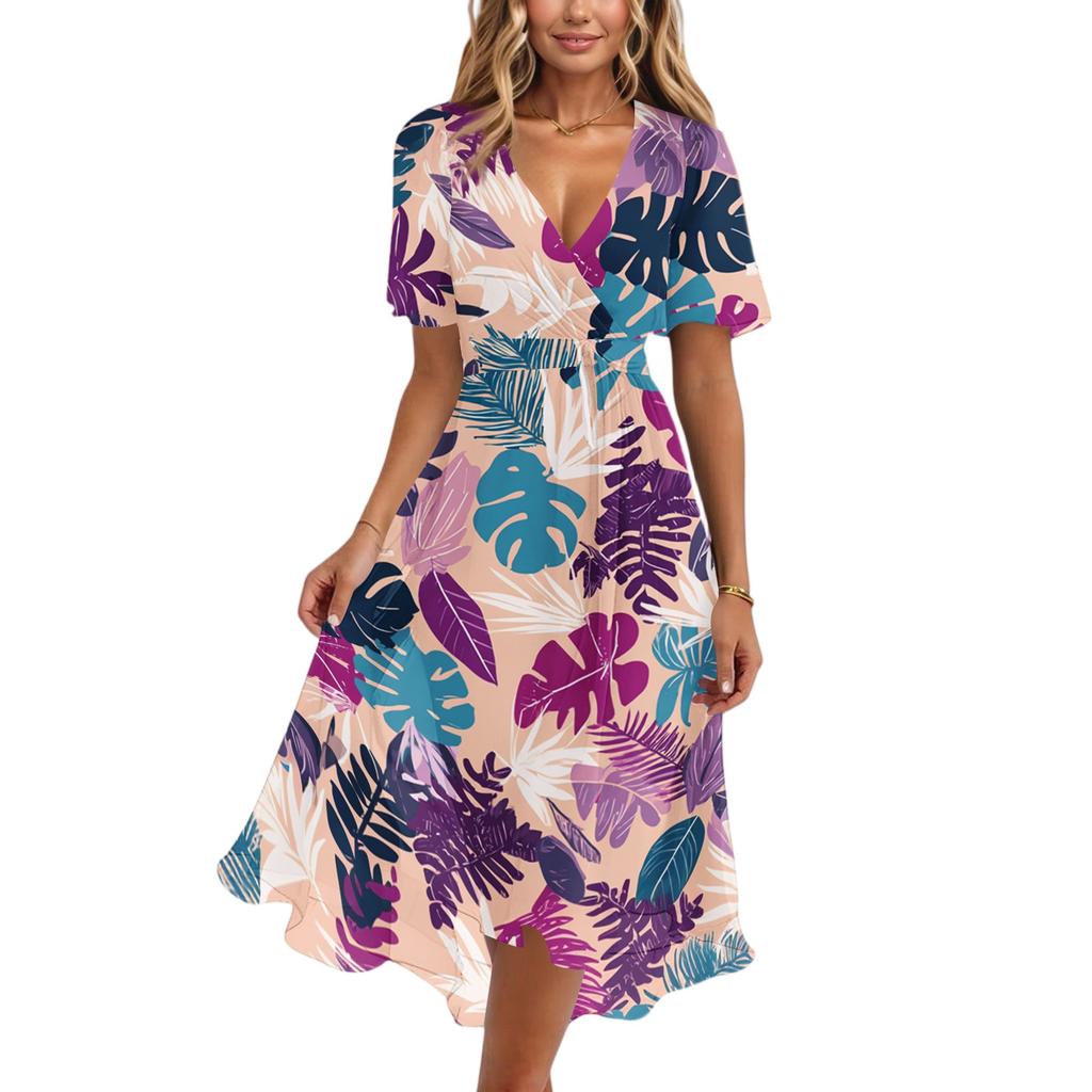 Women's Fashion Casual V Neck Short Sleeve Ruffled Vintage Printed Dresses