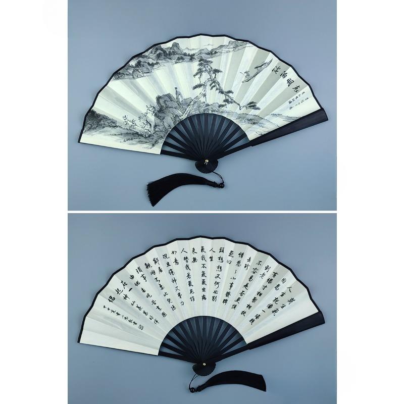 1PC 8 Inch Fan Folding Fan Chinese Wind Landscape Painting Ink Painting Wind Men and Women Portable Daily Fan Head Green Bamboo Silk Fan Dancing Fan