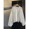 Round Neck Heavily Embroidered White Shirt for Women with Pleated Design Bud Hem Loose Versatile Top