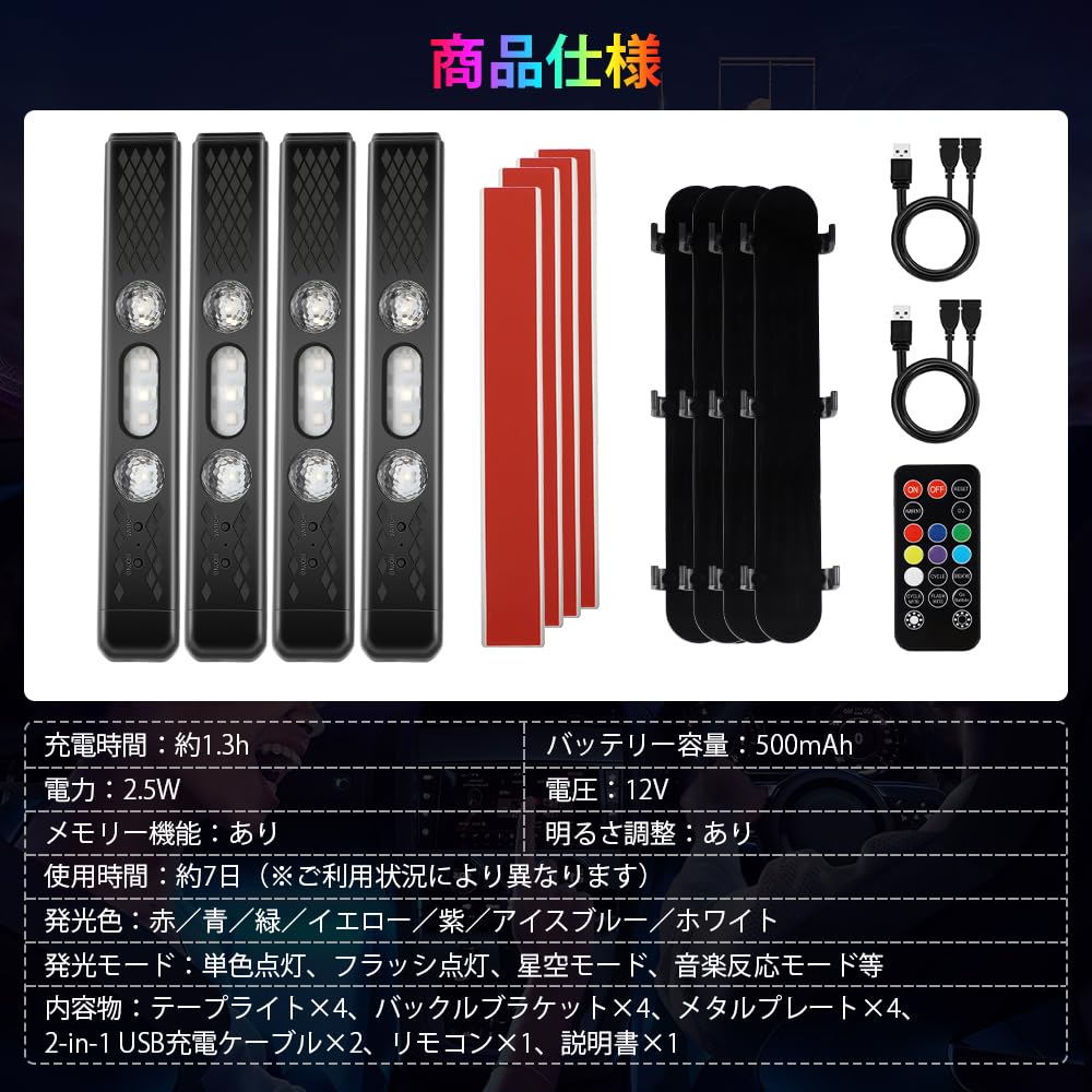 Catland Tira LED RGB para Pies 7 Modos Cielo Estrellado LED Interior Hielo Memoria de Brillo Universal Fácil USB Mando a Distancia Juego de 4 Tiras, Coches,