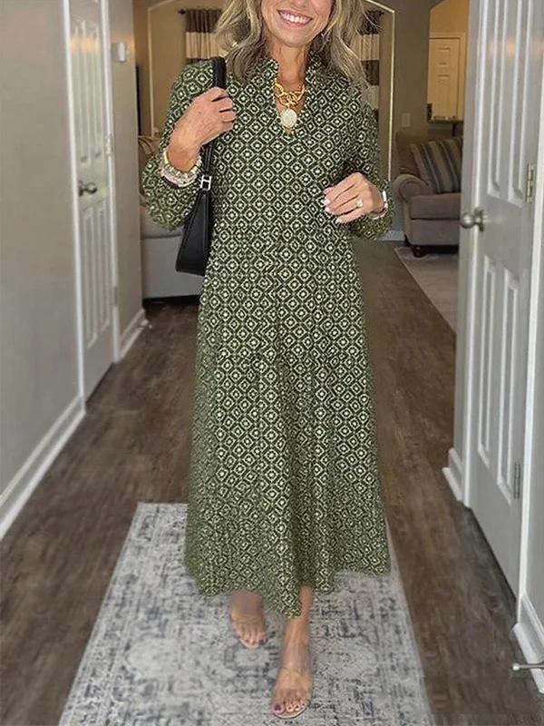 European V-Neck Nine-Sleeve Diamond Print Dress - 2025 Hot Trend