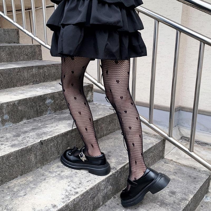 Women's Fishnet Stockings with Bowtie Girls Fish Net Tights with Designs High Waist Pantyhose Thigh High Stockings