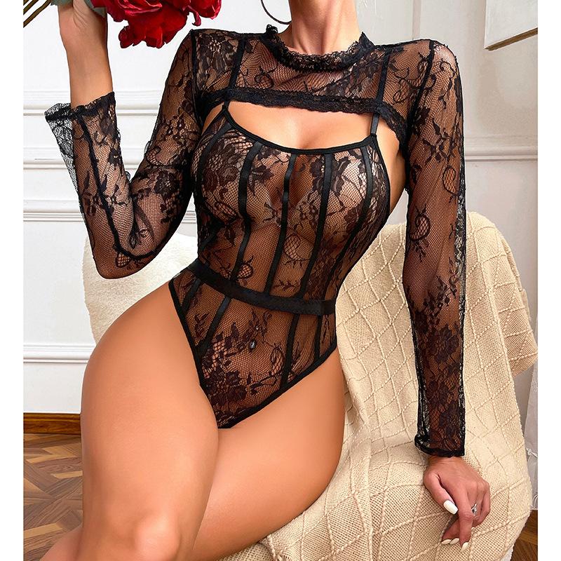 New sex underwear sexy lace perspective lace onesie split two-piece set