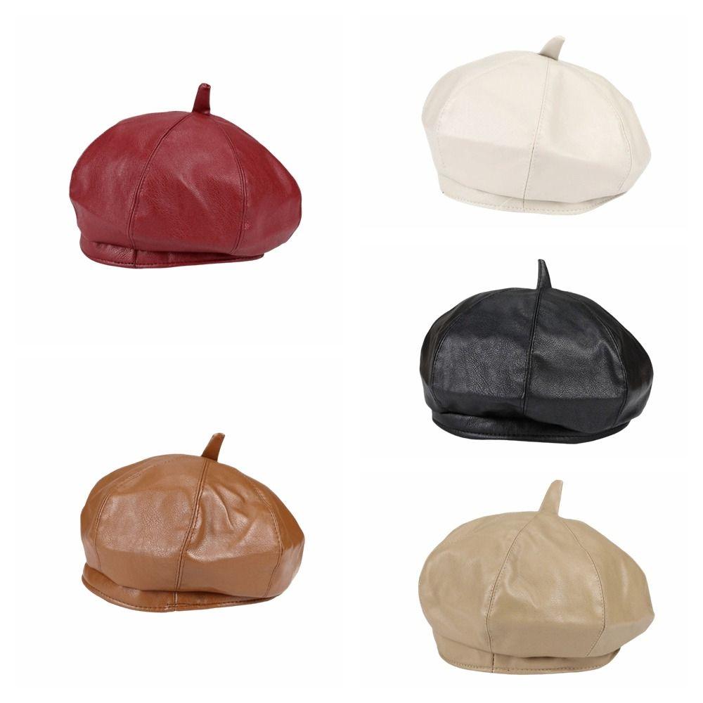 Newsboy Cap Octagonal Hat British Style Painter Hat Fashion PU Leather Beret Autumn