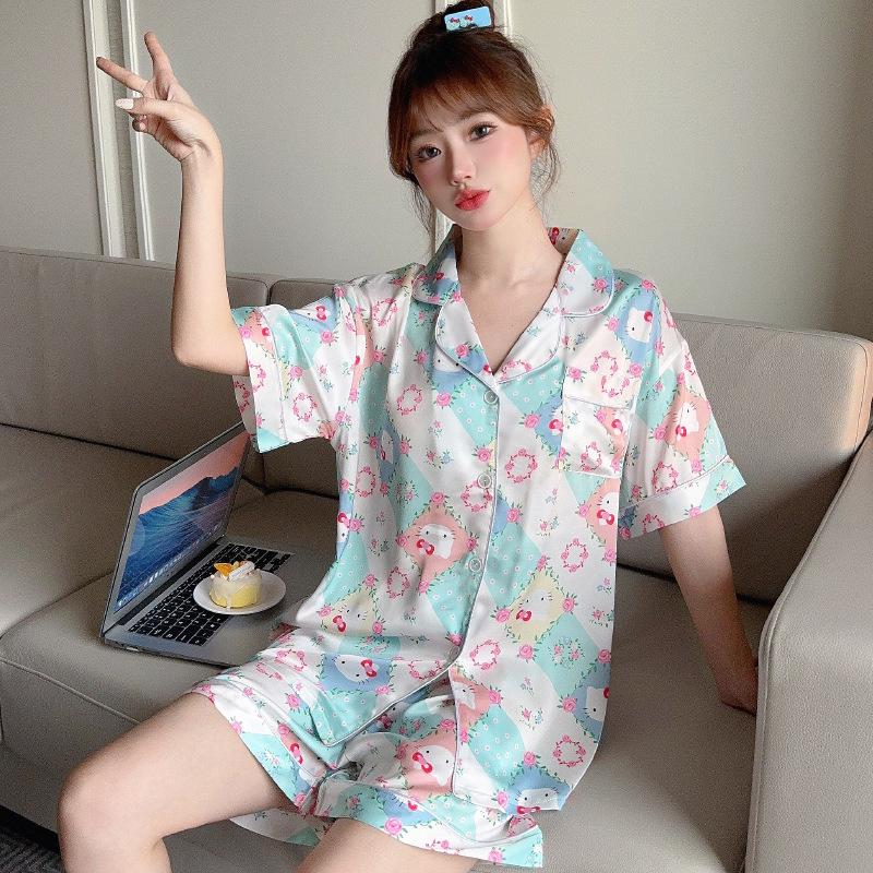 Popular Plaid Cardigan Loungewear Girl Home Cartoon Cute Summer Ice Silk Short-Sleeved Suit