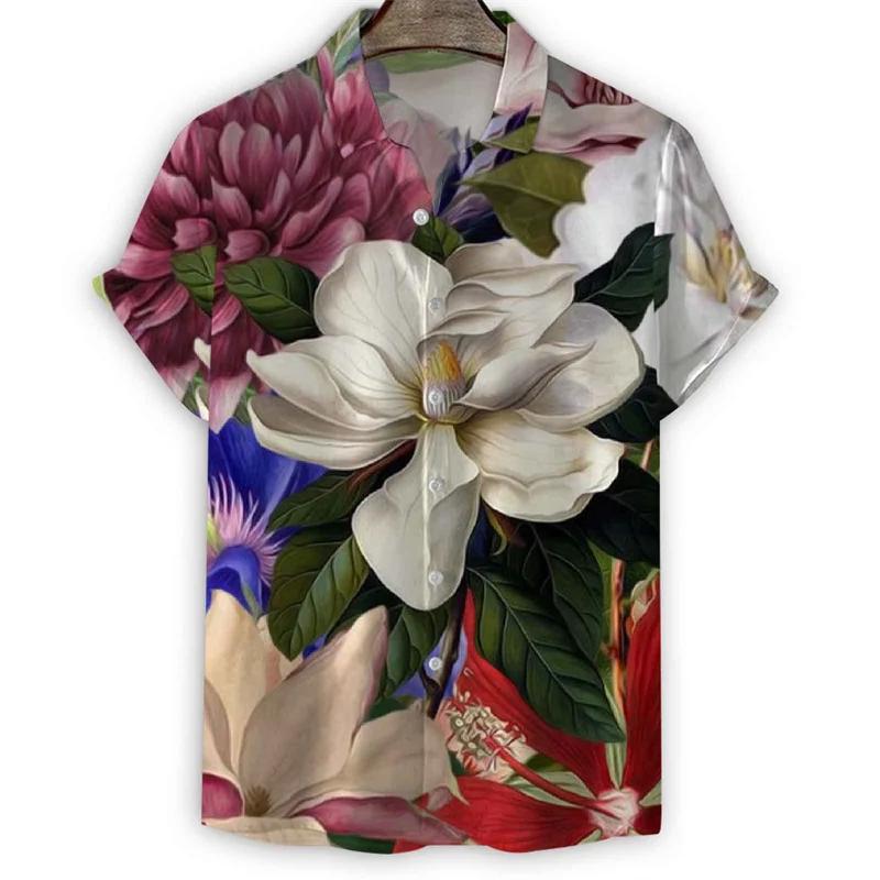 Fashion 3d Print Flower Lapel Shirt Men Summer Short Sleeves Floral Hawaiian Shirts Cool Street Button Loose Blouse Tops Clothes