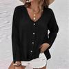 Women's Fashion Casual Solid Color V-Neck Live Button Long Sleeve T-Shirt Top