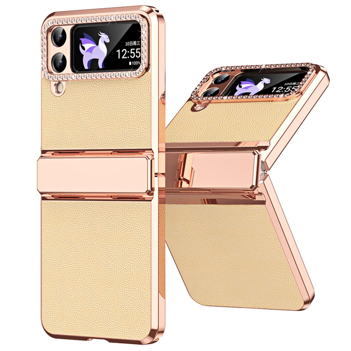 

For Samsung Galaxy Z Flip4 5G Hinge Protection Phone Case PU Leather+PC Electroplating Cover Gold