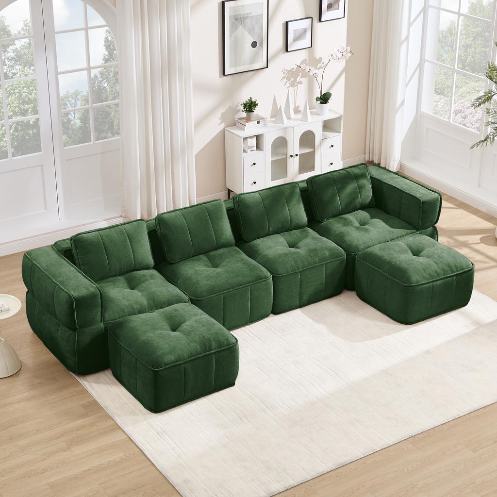4-seater U-shaped sofa without frame with 2 ottomans, 32D high-density foam, fabric cover, non-slip, for living room, no assembly required, Green.