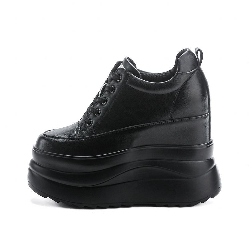 Autumn Winter Dark Edgy Style Women's All-Black Extra Thick Platform Shoes, Lace Paneled Lace-Up Casual Thick Sole Shoes
