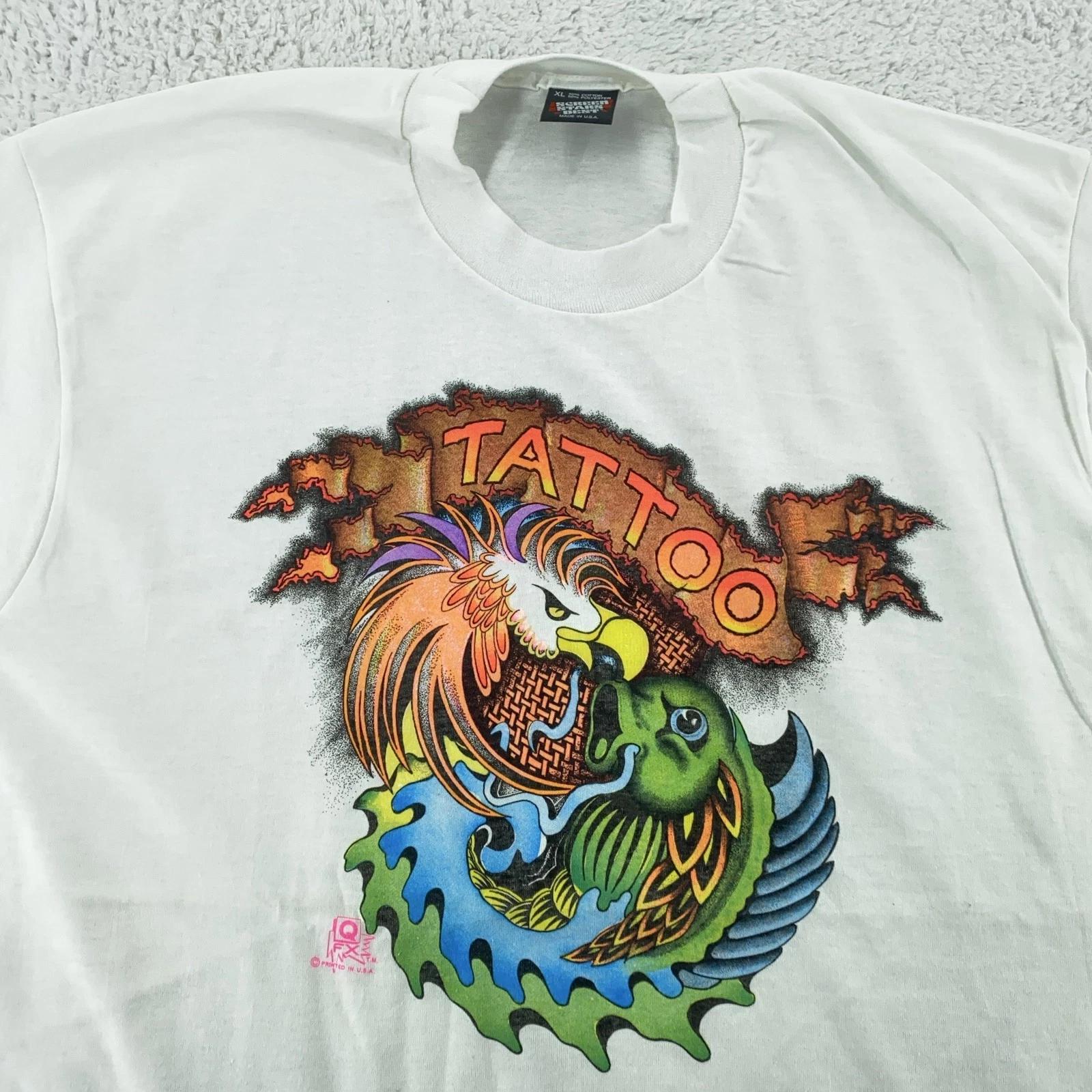 

Vintage Tattoo Shirt L/XL White Phoenix Dragon Graphic Screen Stars Best 90s Tee 4XL