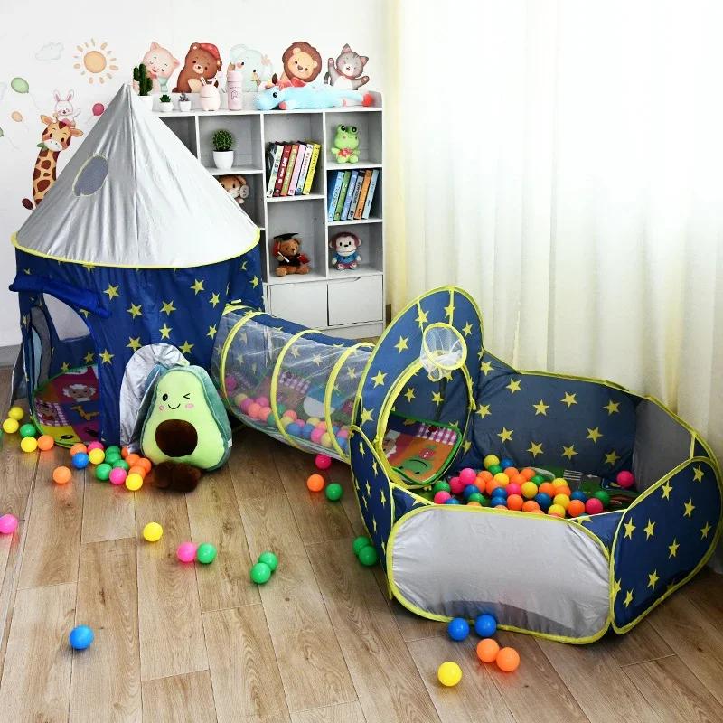 Portable 3 in 1 Kids Tent Play Set-Pop-up Rocket Camping Tent Crawling Tunnel Ball Pool & Play House for Children Entertainment