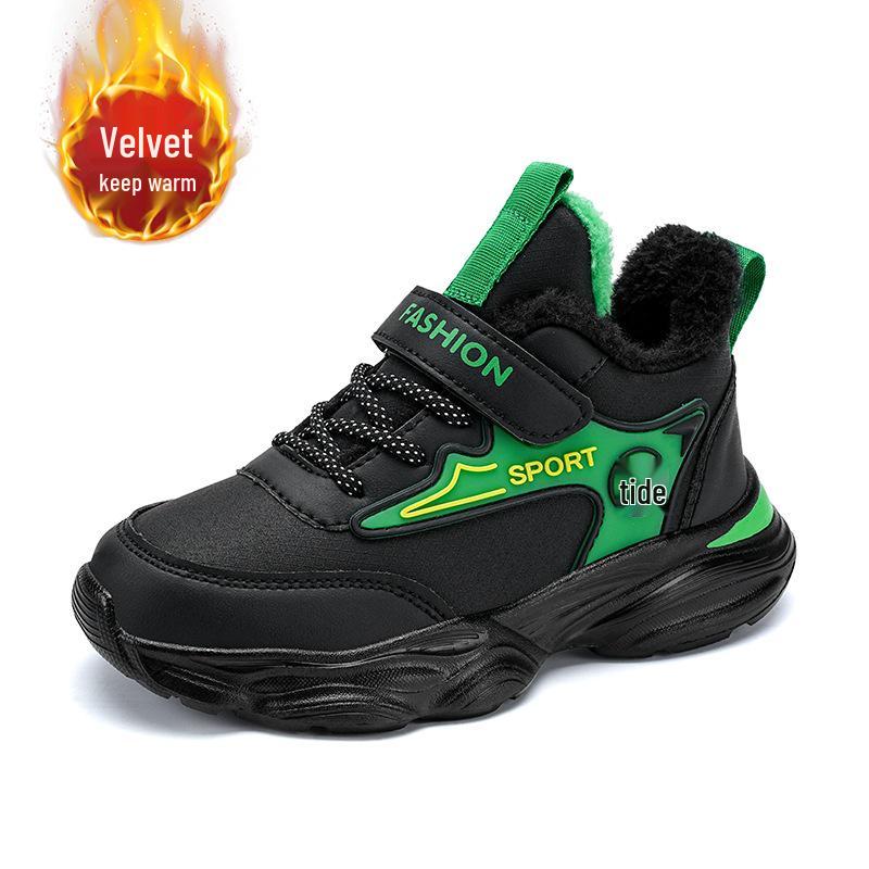 

Кожаные кроссовки для мальчиков, зима 2025: На флисовой подкладке, теплый и утолщенный для детей постарше 32 чёрный/зелёный