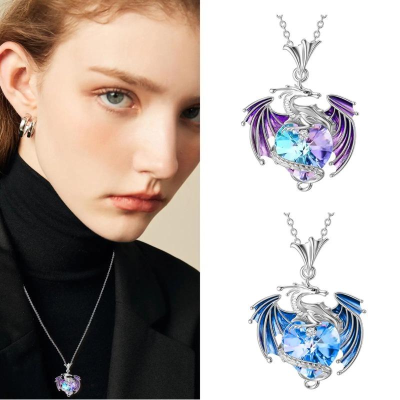Luxury Colorful Heart Crystal Dragon Wings Pendant Necklace for Women Creative Mother of Dragons Chokers Chain Jewelry Accessory