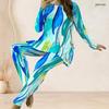 Women Plus Size Blue Pink White Printed Two Piece Set Round Neck Long Sleeve Longline Top Fitted Long Pants