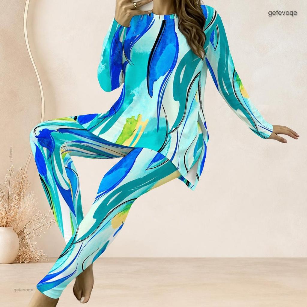 Women Plus Size Blue Pink White Printed Two Piece Set Round Neck Long Sleeve Longline Top Fitted Long Pants