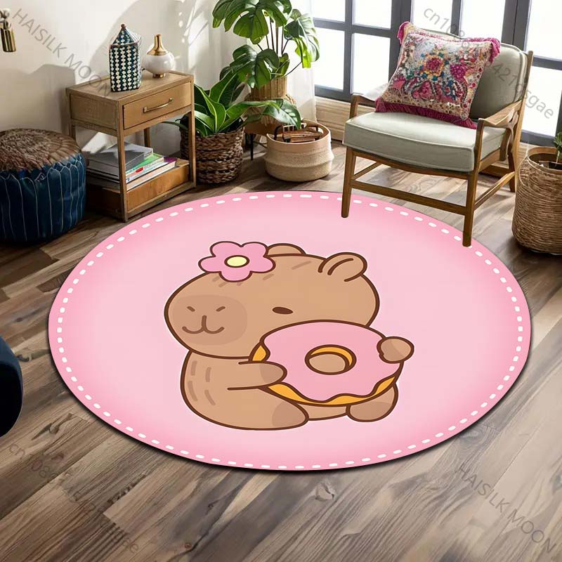 1PC Cute Capybaras Cartoon Print Round Carpet Floor Mat Suitable for Children's Bedroom Decor Living Room Round Rugs for Gifts