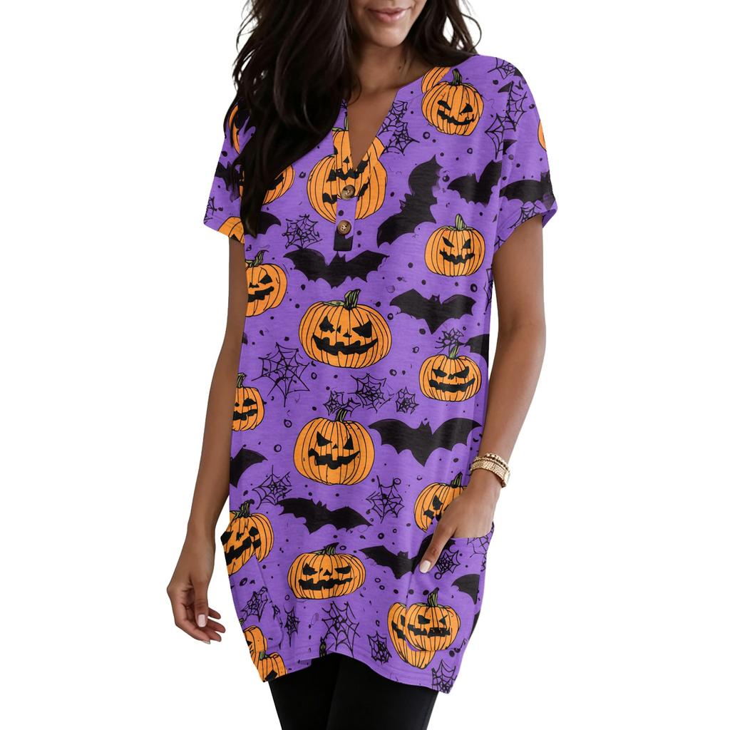 Women V Neck Halloween Print Short Sleeve Pullover Top with Pocket Loose Fit Web Pumpkin Design Tunic Shirt Blouse