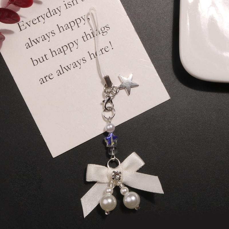 Pearls Beaded Phone Lanyard Bowknot Pendant Wrist Strap Detachable Phone Chain Keyring Portable Accessories for Women