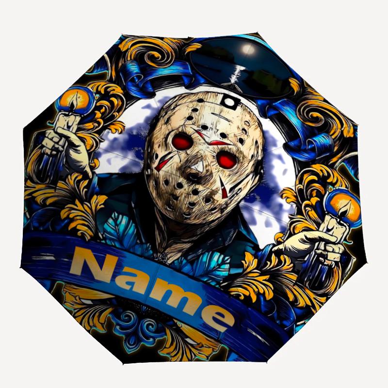 Custom Name Friday the 13th Theme Automatic Umbrella, Lightweight & Portable, 8 Rib, Perfect for Outdoor Travel, Birthdays, Christmas, Gifts.