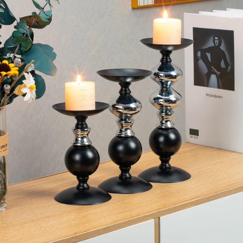 Black and Silver Two-Tone Metal Candlesticks, Set of 3 Modern Column Candlesticks for Centerpiece Home Decor