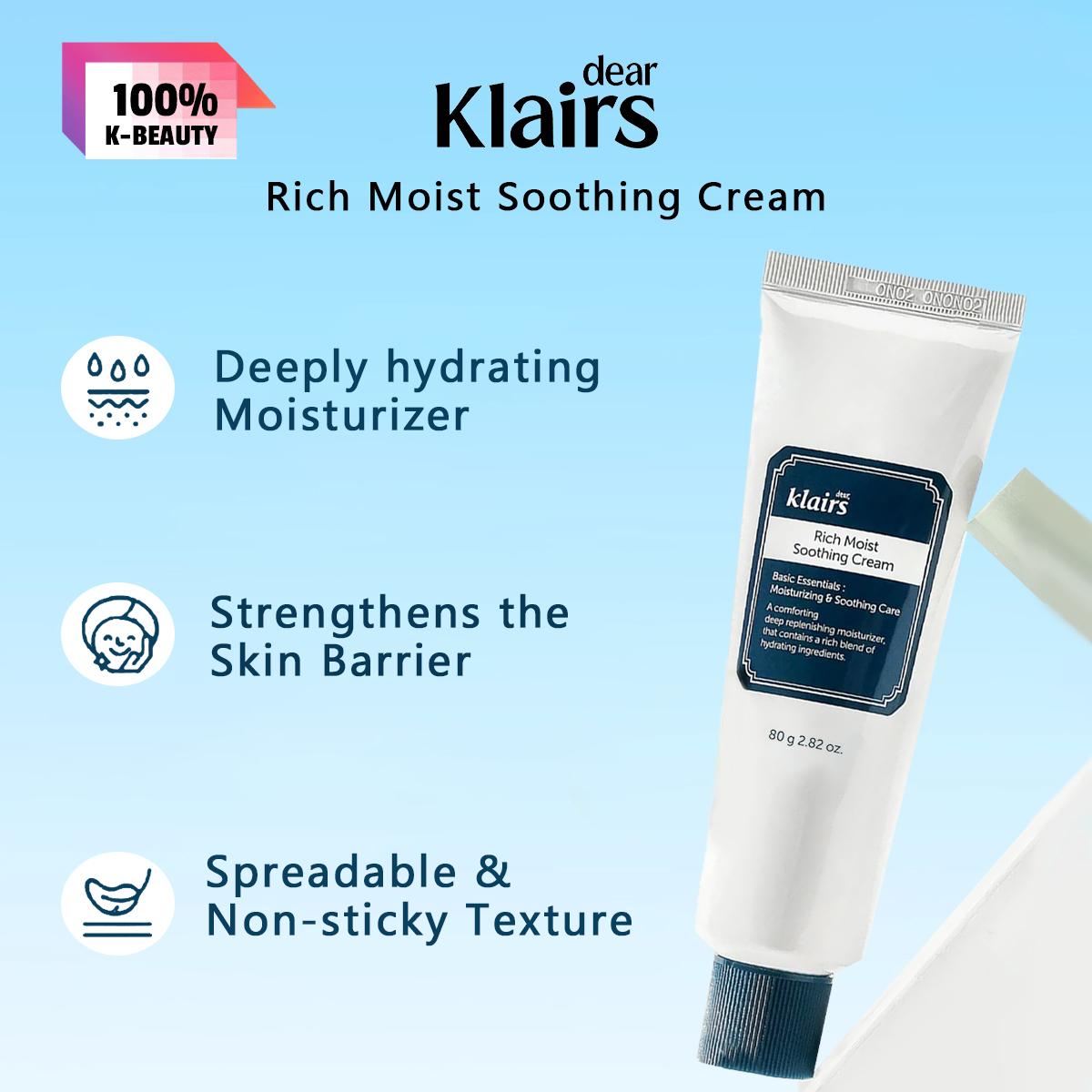 Dear, Klairs Rich Moist Soothing Cream 80g, Mild Nutrient Formula, Intense Hydration, Relieve Skin Dryness, Korean Cosmetics, Korean Skincare 80g/2.82oz