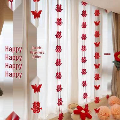 Wedding Room Decor Set: Double Happiness Curtains, Bay Window Trim, Bedroom Bows