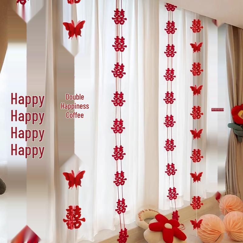 Wedding Room Decor Set: Double Happiness Curtains, Bay Window Trim, Bedroom Bows
