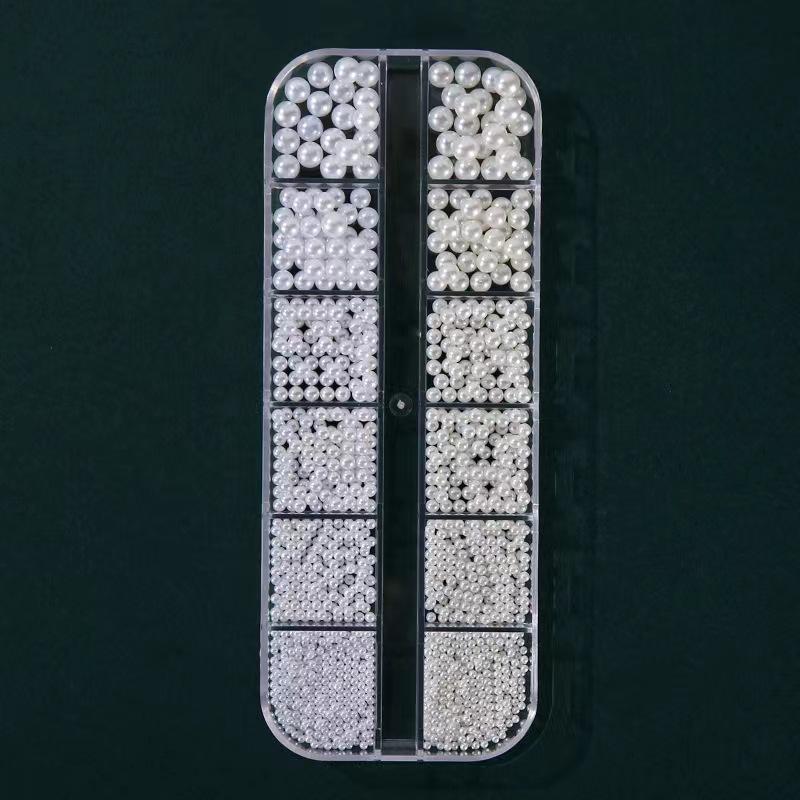 24-Grid Nail Art Pearl Rhinestones: Half & Full Round Off White and Pure White Mix